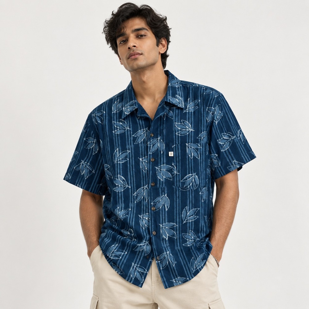 Anokhi Short Sleeve Men's Button Down Shirt Dark Blue Leaf Print Cotton Size S